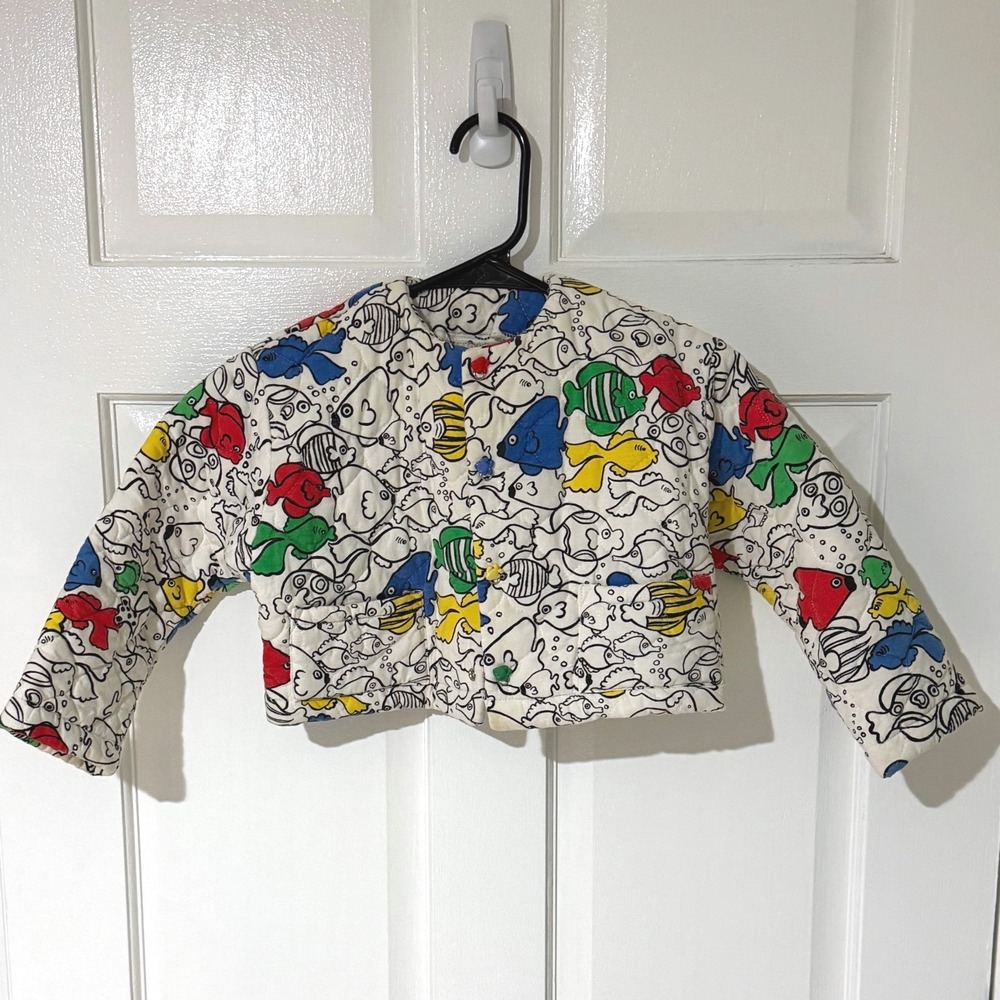 Vintage Bye Baby Bunting Quilted Fish Print Jacket Carol Fisher Kids White Multi